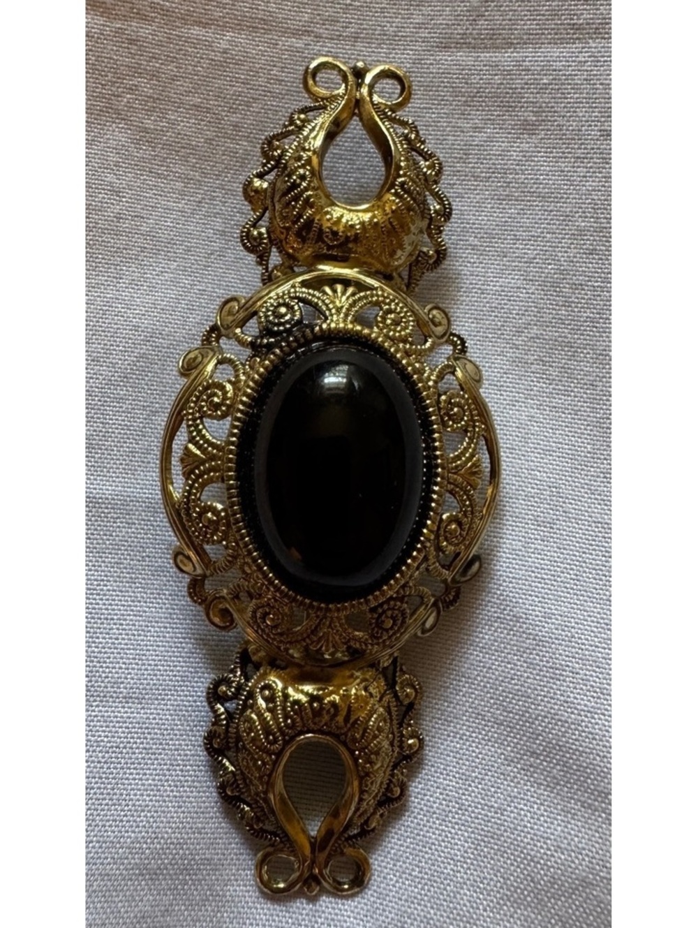Vintage Victorian Revival Black Onyx Filigree Brooch Cape Sweater Pin